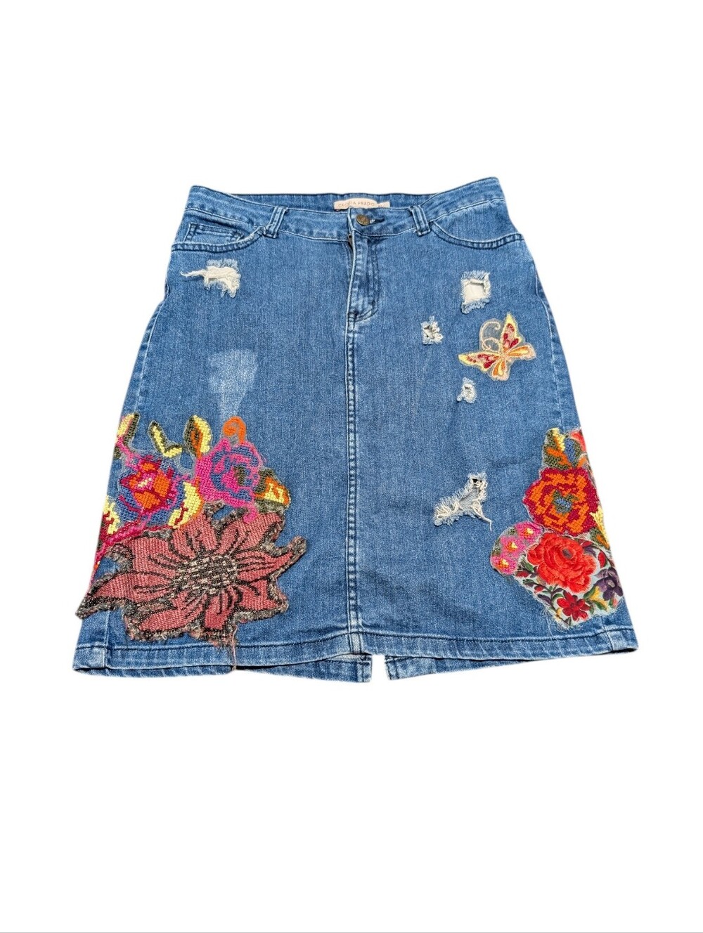 CECILIA PRADO Anthro Denim A-Line Skirt with Colorful Floral Embroidery (Small) - Picture 2 of 6